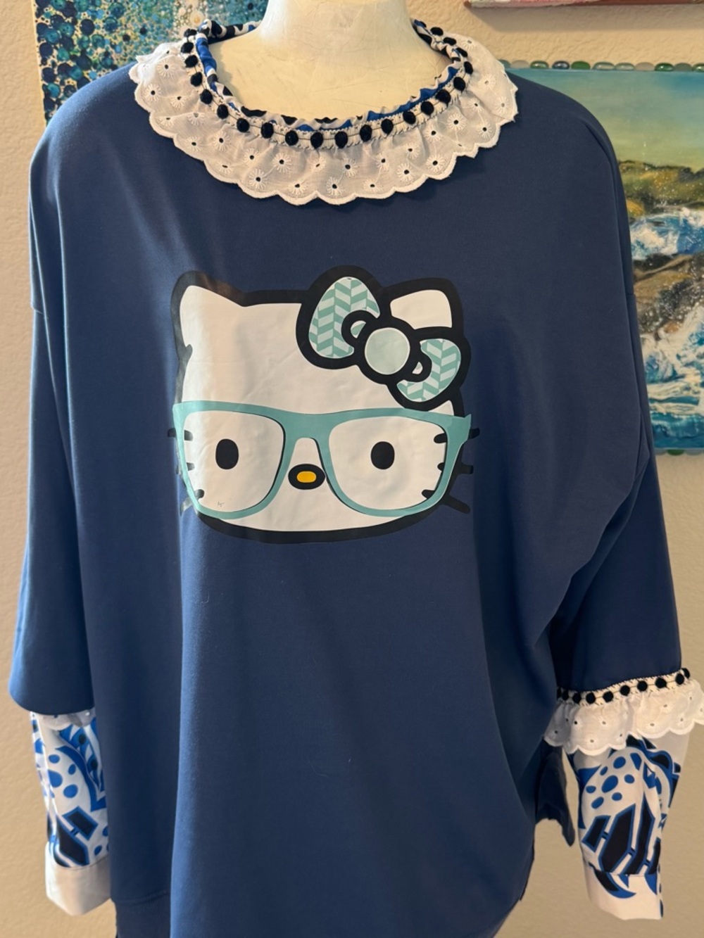Hello Kitty Navy Blue Sweater with Mint Bow and Glasses